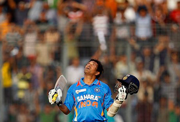 Indian cricketer Sachin Tendulkar celebrates scoring his 100th century during the Asia Cup cricket match against Bangladesh in Dhaka, Bangladesh. India's batting great Tendulkar has announced Sunday, Dec. 23, 2012 his retirement from one-day cricket. (AP Photo)