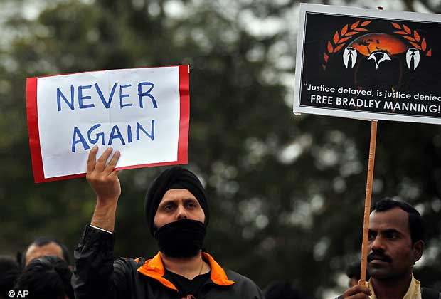 Indians hold placards during a protest to mourn the death of the 23-year-old gang rape victim, in Bangalore, India, Saturday, Dec. 29, 2012.  (AP Photo/Aijaz Rahi)