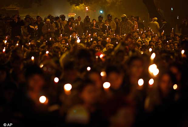 Indian women participate in a candle-lit vigil to mourn the death of a gang rape victim in New Delhi, India, Saturday, Dec. 29, 2012.  (AP Photo/ Saurabh Das)