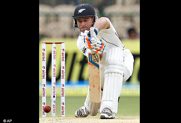 New Zealand batsman Kruger van Wyk plays a shot during the first day of their second cricket test match against India in Bangalore, India, Friday, Aug. 31, 2012. India leads the series 1 0. (AP Photo)