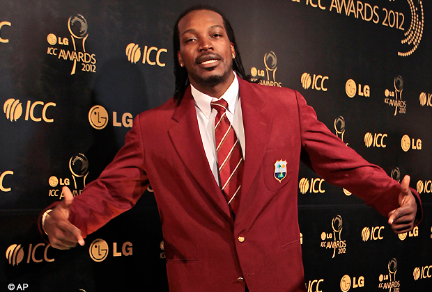 West Indies cricketer Chris Gayle poses as he arrives for the ICC Awards 2012 in Colombo, Sri Lanka, Saturday, Sept. 15, 2012 .(AP Photo/Eranga Jayawardena)