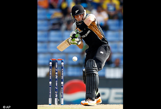 New Zealand's batsman Martin Guptill prepares to play a shot during the ICC Twenty20 Cricket World Cup Super Eight match against Sri Lanka in Pallekele, Sri Lanka, Thursday, Sept. 27, 2012. (AP Photo)