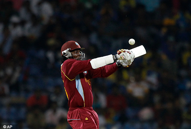 West Indies' batsman Chris Gayle plays a shot during the ICC Twenty20 Cricket World Cup Super Eight match against England in Pallekele, Sri Lanka, Thursday, Sept. 27, 2012. (AP Photo/Aijaz Rahi)