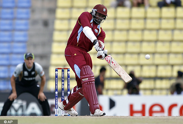 West Indies' batsman Chris Gayle plays a shot during the ICC Twenty20 Cricket World Cup Super Eight match against New Zealand in Pallekele, Sri Lanka, Monday, Oct. 1, 2012. (AP Photo/Aijaz Rahi)