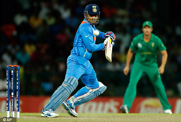 India's Virender Sehwag plays a shot during the ICC Twenty20 Cricket World Cup Super Eight match between India and South Africa in Colombo, Sri Lanka, Tuesday, Oct. 2, 2012 . (AP Photo/Eranga Jayawardena)