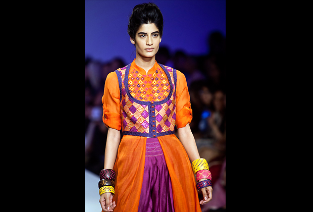 A model displays a creation by Payal Pratap during the Wills Lifestyle India Fashion Week in New Delhi, India, Saturday, Oct. 6, 2012. (AP Photo)