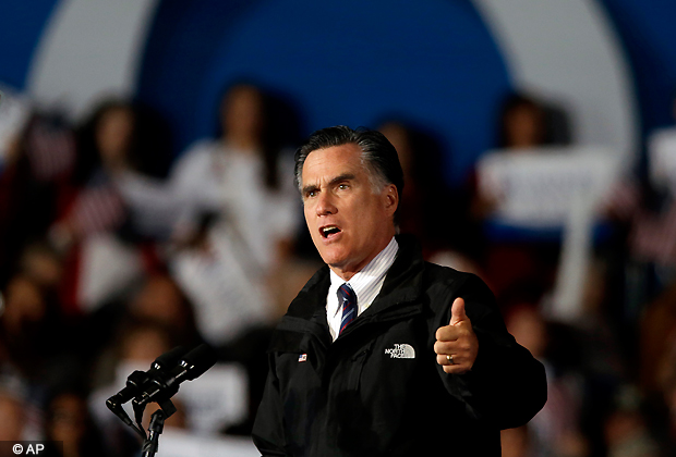 Republican presidential candidate, former Massachusetts Gov. Mitt Romney speaks at a campaign event at Port Columbus International Airport, Nov. 5, 2012, in Columbus, Ohio. (AP Photo)