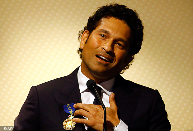 Cricketer Sachin Tendulkar speaks after receiving the Order of Australia at an event in Mumbai, India, Tuesday, Nov. 6, 2012. Tendulkar was given the award for service to Australia India relationship by promoting goodwill, friendship and sportsmanship. (AP Photo)