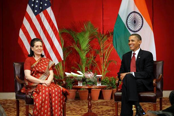 UPA Chief Mrs. Sonia Gandhi and US President Barack Obama acknowledge each other during the latter's maiden visit to India, in November 2010.