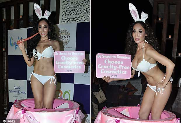 Bollywood actress Sofia Hayat special photo shoot on her 28th birthday for PETA urging guests to buy only cruelty free cosmetics at Hotel Grand Sarovar Premiere in Mumbai.(Photo IANS)