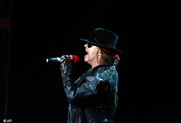 Axl Rose, lead vocalist of Guns N' Roses performs during their concert in Bangalore, India, Friday, Dec. 7, 2012. (AP Photo/Aijaz Rahi)