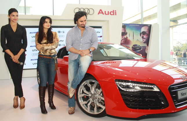 The star cast of film Race 2, Deepika Padukone, Saif Ali Khan and Ameesha Patel at the Audi Showroom,in New Delhi.(Photo IANS/Amlan)