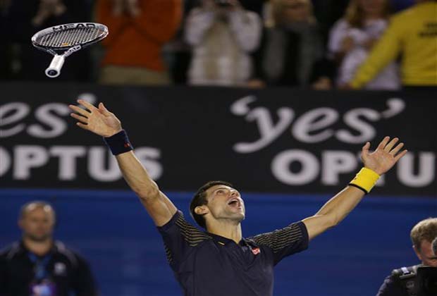 Serbia's Novak Djokovic celebrates his win over Britain's Andy Murray in the men's final at the Australian Open tennis championship in Melbourne, Australia, Sunday, Jan. 27, 2013.