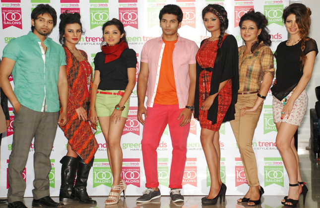 Models walking on the ramp during the launch of Green Trends (The hair &amp; beauty salon service) 100th salon at Kasthuri Nagar, in Bangalore on Saturday 2nd February 2013 (Photo DJ Yadav/IANS).