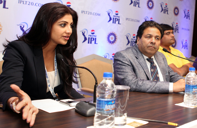 Rajasthan Royals owner and bollywood actress Shilpa Shetty with IPL Chairman Rajiv Shukla and Chennai Super Kings Owner Gurunath Meiyappan addressing the press conference during the IPL 2013 Player Auction in Chennai on 3rd of February 2013. (Photo SaiSen/IANS)