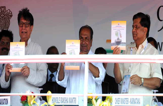 AK Anthony, Union Defence Minister releasing Karnataka Aerospace Policy 2013 2023 with Karnataka Chief Minister Jagadish Shetter and Shri Ajit Singh, Minister for Civil Aviation during the inauguration of 9th Edition of Aero India Show 2013 at Yelahanka Air force Station in Bengaluru on Wednesday 6th of February 2013. (Photo DJ Yadav/IANS)