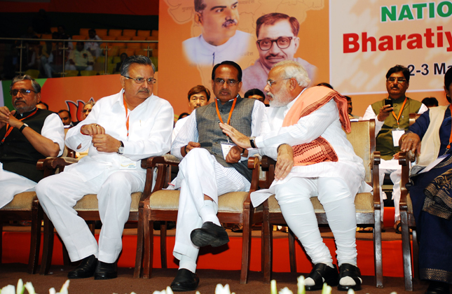 Senior BJP leaders at the BJP National Council meeting in New Delhi on March 2. 2013. (Photo IANS)