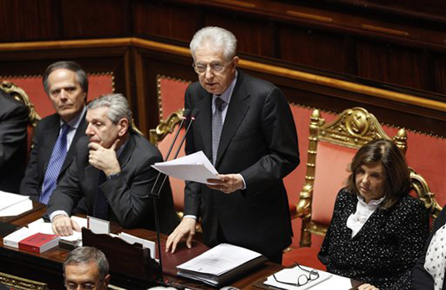 Italian caretaker Premier Mario Monti refers to senators on the resignation of Foreign Minister Giulio Terzi following the return of two Italian marines to India to face trial in the deaths of two fishermen, at the Senate, in Rome, Wednesday, March 27, 2013. Terzi resigned Tuesday saying he was doing so in solidarity with the Italian marines and because his decision to keep them in Italy had been overruled. (AP Photo/Andrew Medichini)