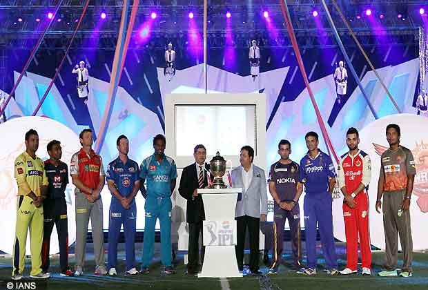 The nine captains line up after signing the MCC Spirit of Cricket board during the Pepsi Indian Premier League opening ceremony held at the Salt Lake Stadium in Kolkata on the 2nd April 2013.