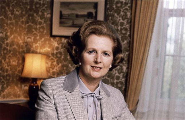 FILE This is a 1980 file photo showing British Prime Minister Margaret Thatcher. Ex spokesman Tim Bell says that Thatcher has died. She was 87. Bell said the woman known to friends and foes as the Iron Lady passed away Monday morning, April 8, 2013. (AP Photo/File)
