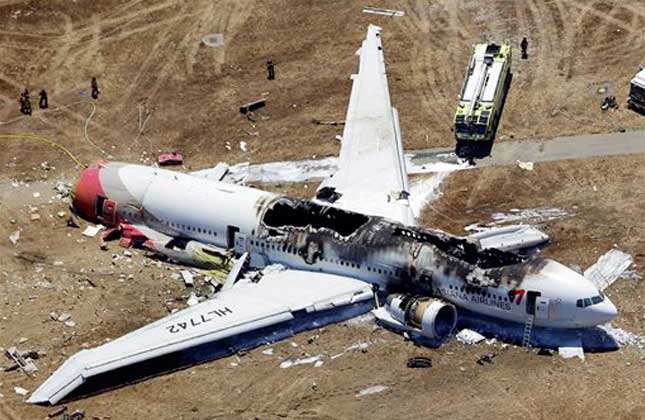 This aerial photo shows the wreckage of the Asiana Flight 214 airplane after it crashed at the San Francisco International Airport in San Francisco, Saturday, July 6, 2013. AP Photo