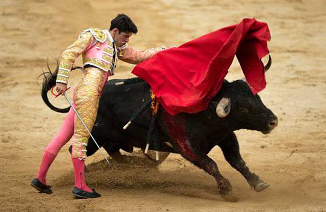 Spanish bullfighter Alejandro Talavante performs with a Victoriano del Rio ranch fighting bull during a bullfight of the the San Fermin fiestas, in Pamplona, Spain, Wednesday, July 10, 2013. Revelers from around the world come to San Fermin festival to take part on the party and on some of the eight days of the running of the bulls glorified by Ernest Hemingway's 1926 novel 'The Sun Also Rises'. AP Photo