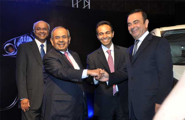 L R, Dr. V Sumantran, Vice Chairman, Ashok Leyland &amp; Chairman, Nissan Ashok Leyland, G P Hinduja, Chairman, Hinduja Group, Dheeraj Hinduja, Chairman, AShok Leyland, Carlos Ghosn, President, CEO, Nissan Motor Company during unveiling of Ashok Leyland s new MPV model Stile in Chennai on July 16, 2013. (Photo IANS)