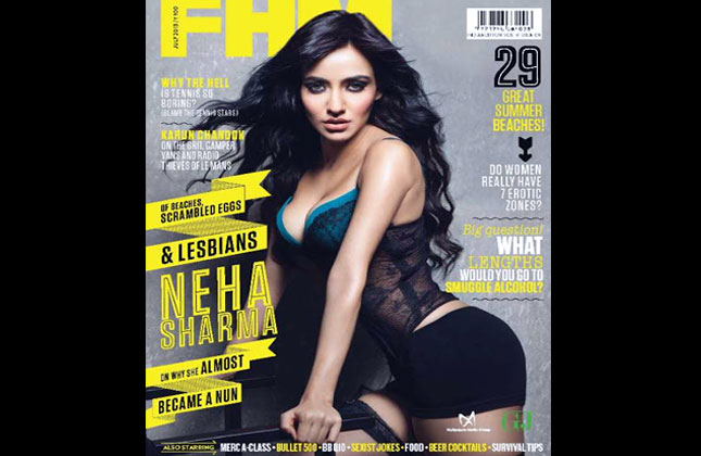 Bollywood actress Neha Sharma on the cover page of FHM magazine, August 2013 edition.