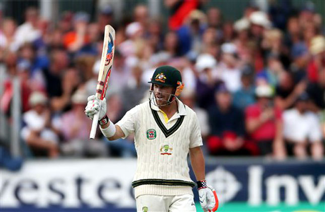 Australia's David Warner acknowledges the crowd as he celebrates scoring 50 during the fourth day of the fourth Ashes series cricket match against England at the Riverside cricket ground, Chester le Street, England, on Aug 12 (AP Photo)