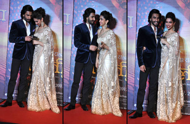 Can you see that Ranveer can't take off his eyes from Deepika. This is during the launch of Ramleela's first look.