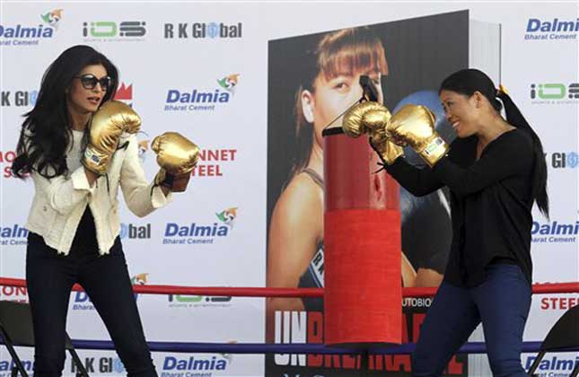 Bollywood actress Sushmita Sen is supporting Boxing and Olympic bronze medal winner Mary Kom to promote her biography 'Unbreakable publically.(AP Photo)