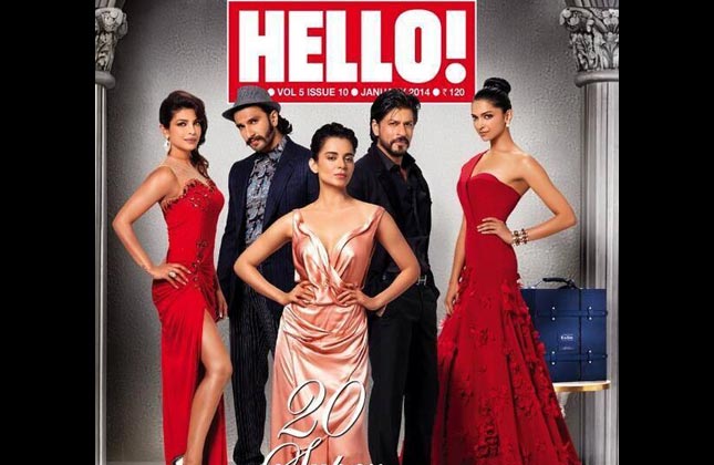 Shah Rukh Khan, Priyanka Chopra, Ranveer Singh, Deepika Padukone, and Kangana Ranaut cover the January 2014 issue of Hello! Magazine's 'Super Achievers' edition.
