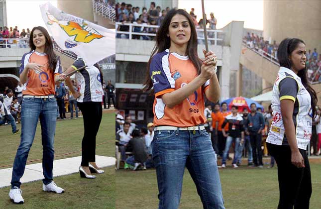 Matches for fourth season of Celebrity Cricket League have already started wit lots of fun and supersonic level of energy. Bollywood actress Genelia D'Souza and wife of Veer Marathi team's owner while cheering the team during the match.