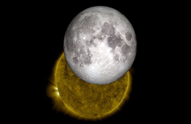 The Moon and Sun Two or three times a year, NASA's Solar Dynamics Observatory observes the moon traveling across the sun, blocking its view. While this obscures solar observations for a short while, it offers the chance for an interesting view of the shadow of the moon. The moon's crisp horizon can be seen up against the sun, because the moon does not have an atmosphere.