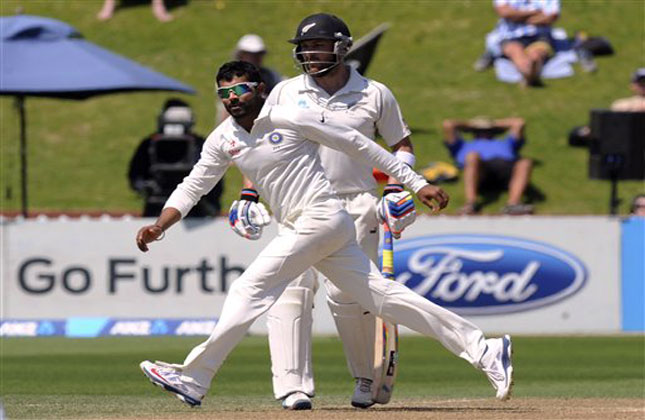 Ravindra Jadeja reacts against New Zealand on the fourth day of the second cricket test at Basin Reserve in Wellington. (AP Photo)