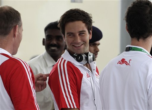 British athletes and team officials arrive to participate in the Commonwealth Games, at the airport in New Delhi, India, Friday, Sept. 24, 2010. In a boost for India's beleaguered preparations for the Commonwealth Games, two top international sports officials said Friday that conditions at the squalid athletes' village had greatly improved even as they said cleanup work should continue urgently. (AP Photo/Saurabh Das)