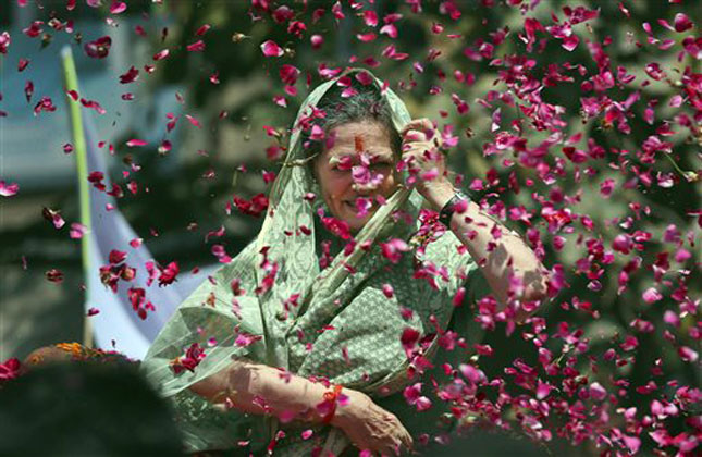 Supporters throw flower petals towards Sonia Gandhi as she arrives to file her nomination papers for the upcoming general elections, in Rae Bareli. (AP Photo)