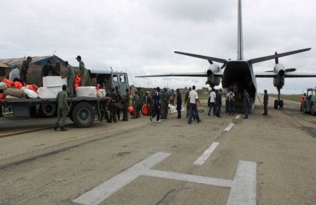 Indian Air Force transport aircraft AN 32 during the flood relief operations out at Awantipur Air Base in J&amp;K
