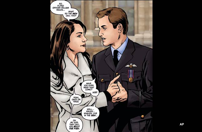 In this photo released by Markosia Enterprises Saturday Feb. 12 2011 is an illustration for the graphic novel Kate and William A Very Public Love Affair . The royal love story has now been chronicled in speech bubbles and cartoons. A comic book telling the story of Prince William and Kate Middleton's romance is due to be published in April, joining a host of other books and memorabilia flooding the market ahead of the April 29 royal wedding. There's always been a tradition in this country of comics for girls in which the girl dreams of meeting someone famous and falling in love, said Mike Collins, the artist who did the illustrations for Kate and William A Very Public Love Story. (AP Photo / Markosia Enterprises/ ho)