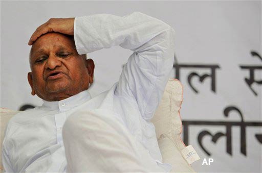 In this photo taken Wednesday, April 6, 2011, Indian social activist Anna Hazare gestures during his hunger strike against corruption, in New Delhi, India. Hazare began his hunger strike Tuesday demanding for a stronger anti graft Lokpal, ombudsman, Bill completely independent of any governments, with the aim to free the country of corruption in both politics and the bureaucracy. (AP Photo/Gemunu Amarasinghe)