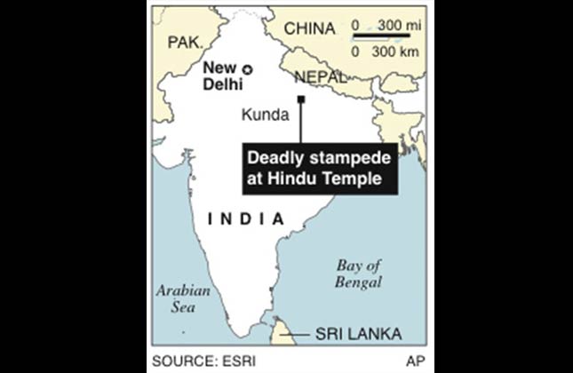 Map corrects location from Lucknow to Kunda, India, where a deadly stampede broke out in a Hindu temple