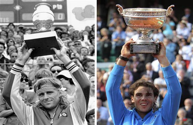 Sweden's Bjorn Borg raises his trophy after winning the French Open tennis title for a record fifth time at Roland Garros stadium in Paris on June 8, 1980. At right, Spain's Rafael Nadal holds the trophy after defeating Switzerland's Roger Federer Sunday, June 5, 2011 in the men's final of the French Open tennis tournament in Paris. Nadal equaled Bjorn Borg's record of six titles at Roland Garros and earned his 10th career major championship with the 7 5, 7 6 (3), 5 7, 6 1 victory Sunday. (AP Photo/ Michel Euler)