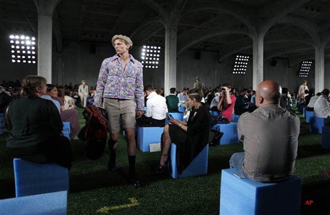 A model wears a creation of Prada men's Spring Summer 2012 collection, part of the Milan Fashion Week, in Milan, Italy, Sunday, June 19, 2011. (AP Photo/Antonio Calanni)