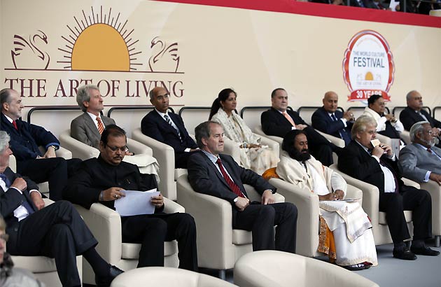 The World Culture festival was attended by 804 national and international dignitaries who came together on a single platform to Enrich diversity and celebrate life'. Seen in this picture are Art of Living founder, Sri Sri Ravi Shankar and Mr. Subodh Kant Sahay, Minister for Tourism, Govt of India.