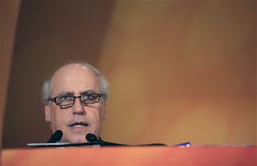 Dan Glickman, the outgoing chairman of the Motion Picture Association of America, addresses a session on piracy in film industry during FICCI frames 2010 in Mumbai, India, Thursday, March 18, 2010. Hollywood and Bollywood are joining arms to fight piracy, with the announcement Thursday of a coalition between the Motion Picture Association of America and seven Indian companies to tackle counterfeiting in one the world's largest film markets. (AP Photo/Rajanish Kakade)