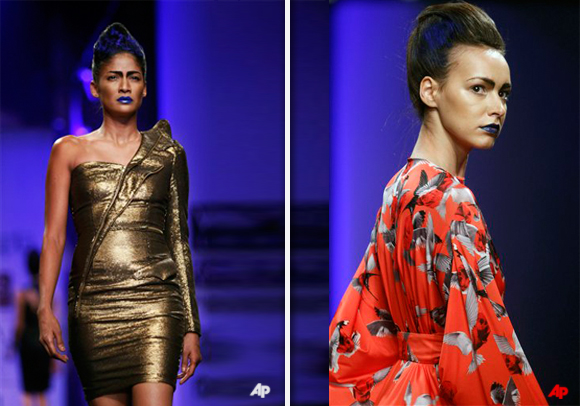 Models displays a creation by Gaurav Gupta at the Wills Lifestyle India Fashion Week Autumn Winter 2012 in New Delhi, India, Thursday, Feb. 16, 2012. (AP Photo/Tsering Topgyal)