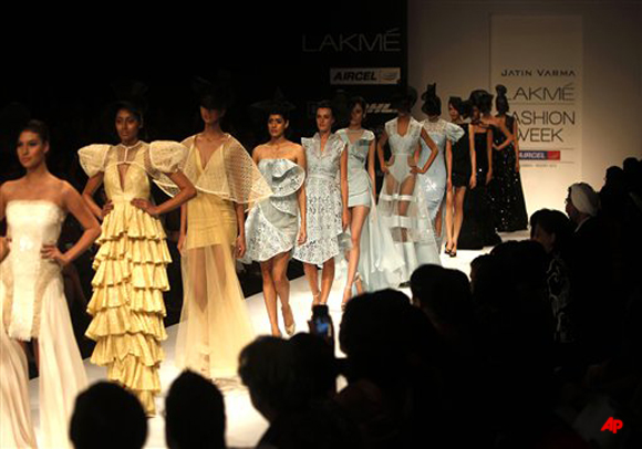 Models display creations by designer Jatin Varma during the Lakme Fashion Week Summer/Resort 2012 in Mumbai, India, Tuesday, March 6, 2012. (AP Photo/Rafiq Maqbool)