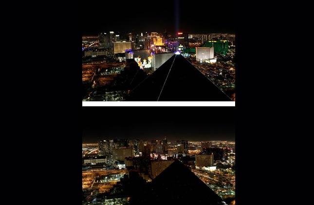 The Las Vegas Strip is seen in the top image just before the lights are turned out for Earth Hour Saturday, March 27, 2010 and after in the bottom image. (AP Photo/Las Vegas Sun, Justin Bowen)