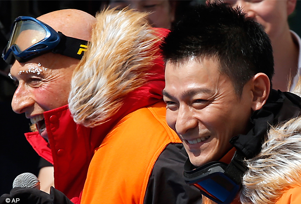 Hong Kong movie star Andy Lau, right, and Ocean Park Chairman Allan Zeman attend the opening ceremony of the Polar Adventure at the Ocean Park, a tourist attraction in Hong Kong Thursday, July 12, 2012. The theme park said it launched Asia's first themed area integrating presentations of Arctic and Antarctic animals, including penguins, walruses, spotted seals, sea lions, snowy owls and arctic foxes. (AP Photo/Kin Cheung)