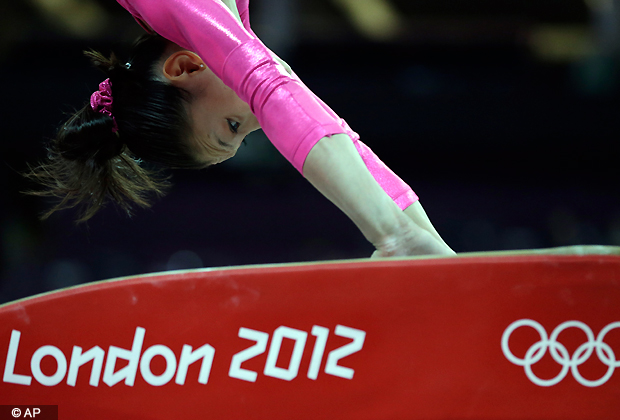 U.S. gymnast Mc Kayla Maroney performs on the vault during training at the 2012 Summer Olympics, Thursday, July 26, 2012, in London. (AP Photo)